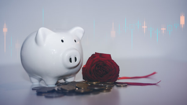 情人节惊喜，爱情，商业，交易，金融，储蓄和投资，储蓄罐和红玫瑰在情人节储蓄和爱的概念。为你的未来做金钱计划。图片下载