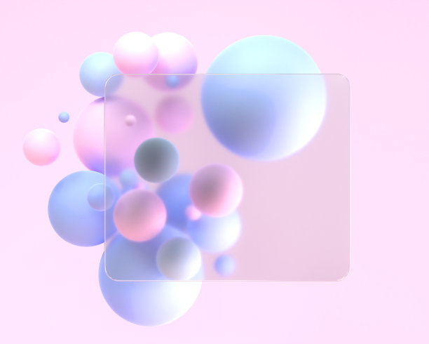 磨砂方玻璃在玻璃形态风格与模糊效果3d渲染。空白亚克力亚光板，框架或卡片上抽象的背景与粉蓝色几何球体，模型横幅图片下载