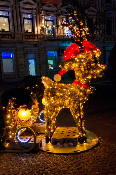 夜晚用雪橇点亮圣诞鹿。城市公园圣诞节和新年假期的装饰图片下载