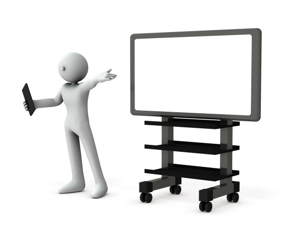 一个商人在一个大显示器旁做报告。展开你的左手，吸引它的特征。3 d渲染。白色背景。图片下载