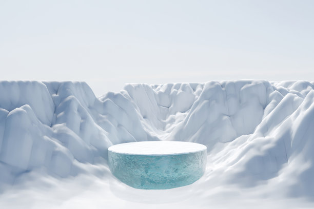 摘要三维渲染平台冬季场景背景，冰讲台上的冰雪山与冰雪覆盖的地面为产品展示广告化妆品美容产品或护肤品与空圆图片下载