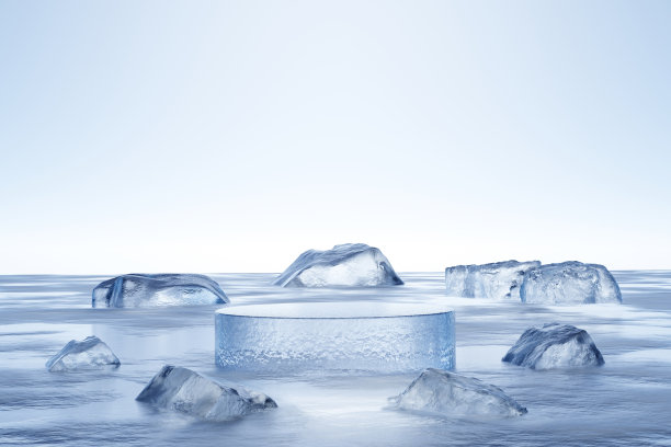 三维渲染平台背景和空旷的圆形舞台冰讲台在冰雪地面上与冰岩石和晴朗的冬天为产品展台展示广告化妆品，美容产品，护肤品等图片下载