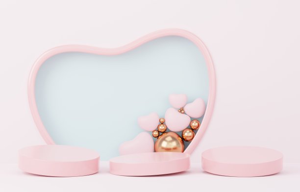 情人节快乐。最小的甜蜜爱情场景与展示平台模拟和产品品牌展示。粉色底座。可爱可爱的心形背景。爱天的设计风格。3 d渲染。图片下载