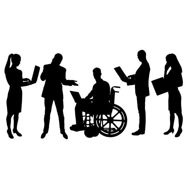 一个残疾人坐在轮椅上和他的工作团队在工作过程中的剪影。矢量剪影图片下载