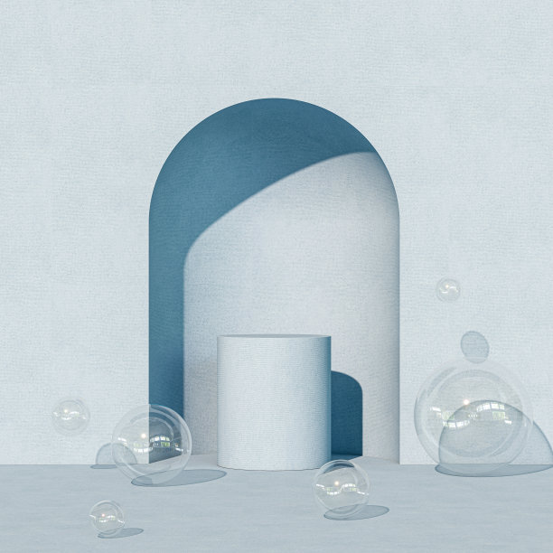 壁龛在浅蓝色的墙壁与玻璃气泡球。图片下载