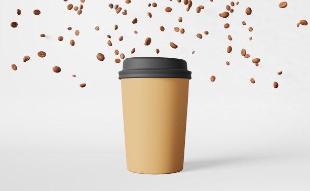 纸咖啡杯黑盖落豆3D渲染。咖啡店折扣示范配送热饮销售横幅图片下载