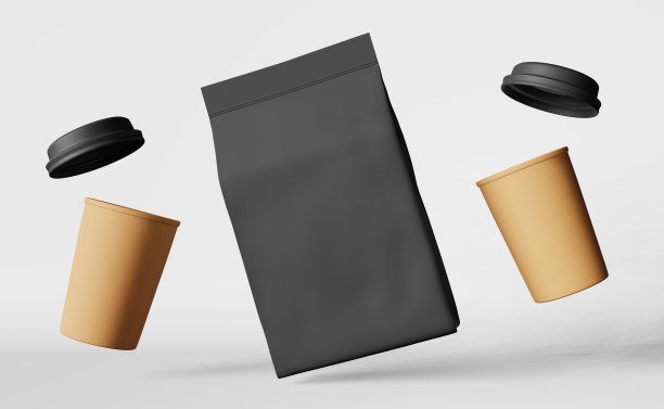 黑色袋袋咖啡杯盖悬浮三维渲染漂浮热饮销售飞行空白包装标签模板图片下载