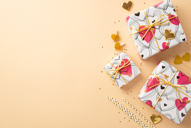 情人节的概念。顶部视图照片的礼物盒在包装纸与心形图案吸管装饰夹和金色五彩纸屑在孤立的粉彩米色背景与复印空间图片下载