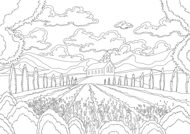 薰衣草田景观的色彩风格与乡村建筑。手绘花卉，生长和开花的景象，草地与山，浮云。背景为宁静的自然景观图片下载