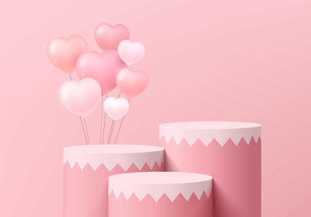 现实的粉色3D圆柱体底座裙架与粉彩粉红色情人节背景。心的气球。最小墙场景模型产品舞台展示，促销展示。抽象向量几何。图片下载