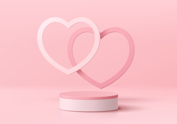 白色和粉色圆形站产品平台情人节3D背景，一致2心形。最小墙场景模型产品舞台展示，横幅推广展示。抽象向量几何形式。图片下载