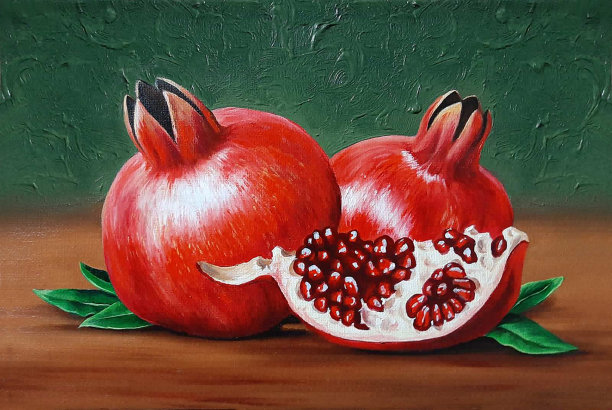 这幅油画描绘了半个石榴的静物图片下载