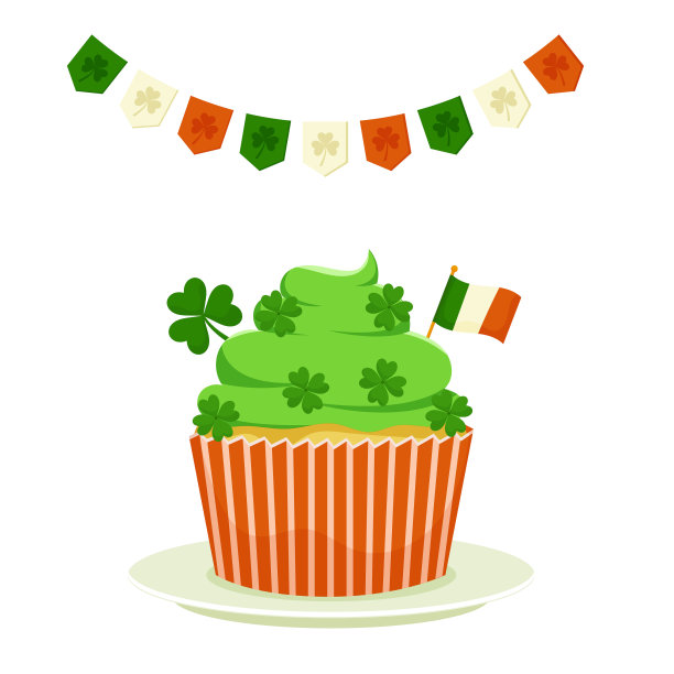 有三叶草和爱尔兰国旗的圣帕特里克蛋糕。平面卡通矢量插图孤立在白色背景上。图片下载