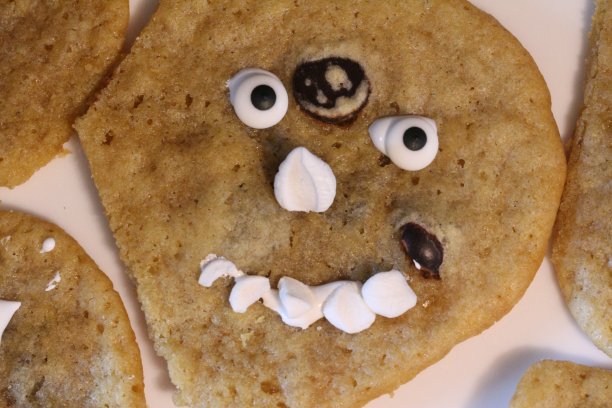 一种自制的畸形巧克力饼干，用糖果和棉花糖块做成脸。图片下载