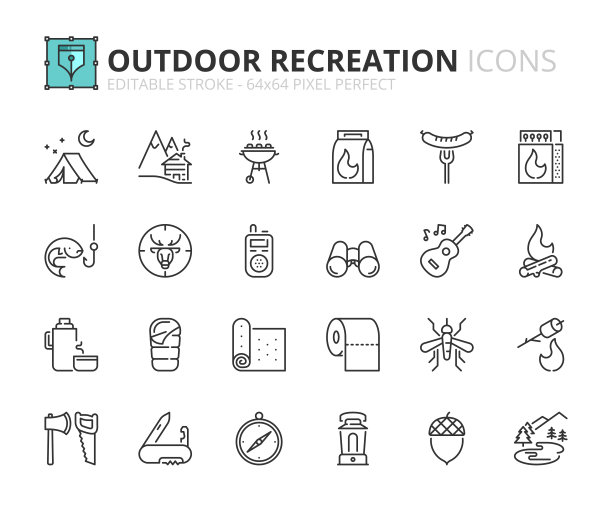 关于户外娱乐的简单轮廓图标集图片下载