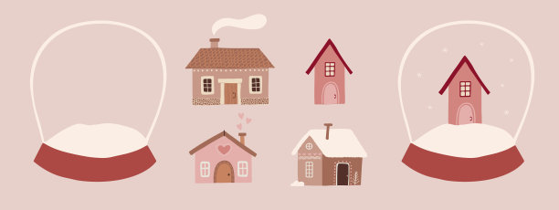 带房子的圣诞雪球。平波西米亚粉色现代矢量插图。图片下载