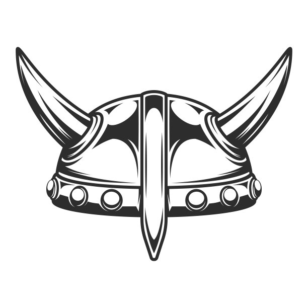 维京古董徽章与严重的中世纪北欧武士角盔孤立矢量插图图片下载