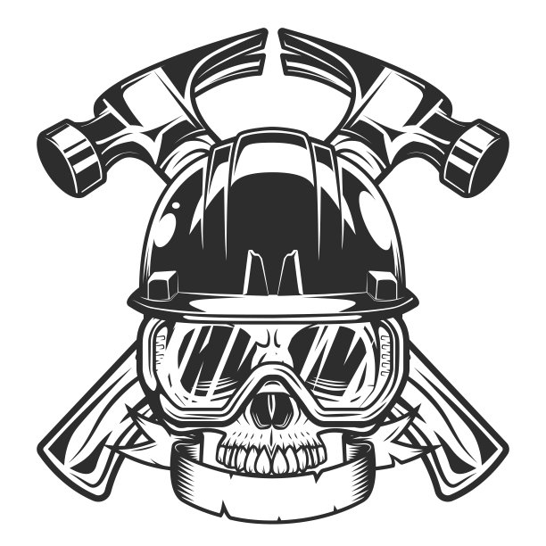 新的建筑施工商业务锤子半头骨在安全帽与丝带和安全眼镜复古风格的插图图片下载