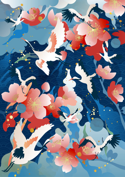 亚洲风中国风民族潮古风传统古典吉祥彩云
桃花鹤遮阳海报贺卡背景墙装饰画图片下载