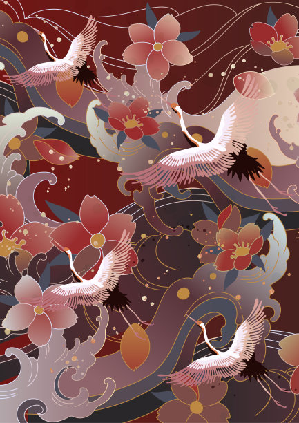 中国风国潮古风传统吉祥海浪仙鹤纹样海报贺卡背景墙装饰画图片下载