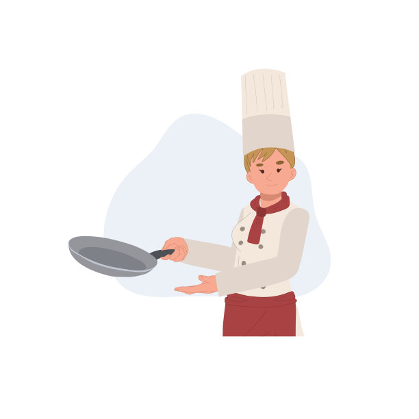 自信的女厨师拿着平底锅正在烹饪食物。平面矢量图图片下载