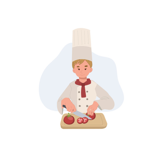 女厨师在厨房的砧板上准备和切新鲜蔬菜。平面矢量图。图片下载