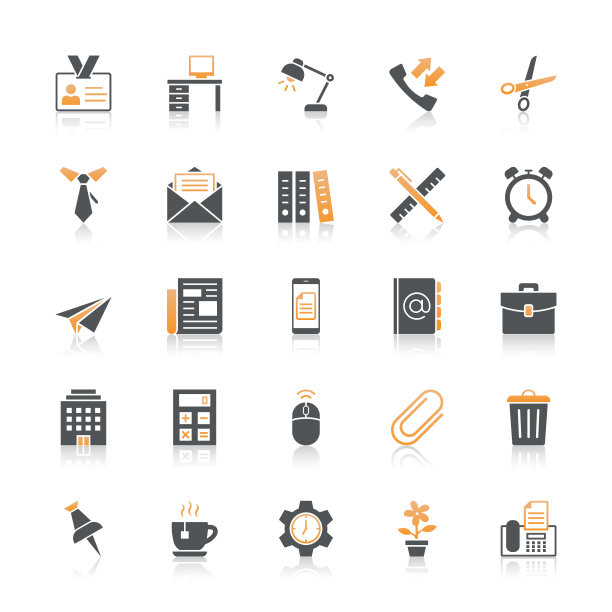 商业和办公室图标设置与反映在白色背景图片下载