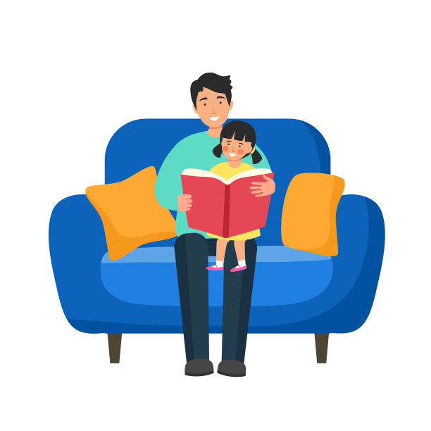 父亲和女儿一起阅读平面设计的白底书。图片下载