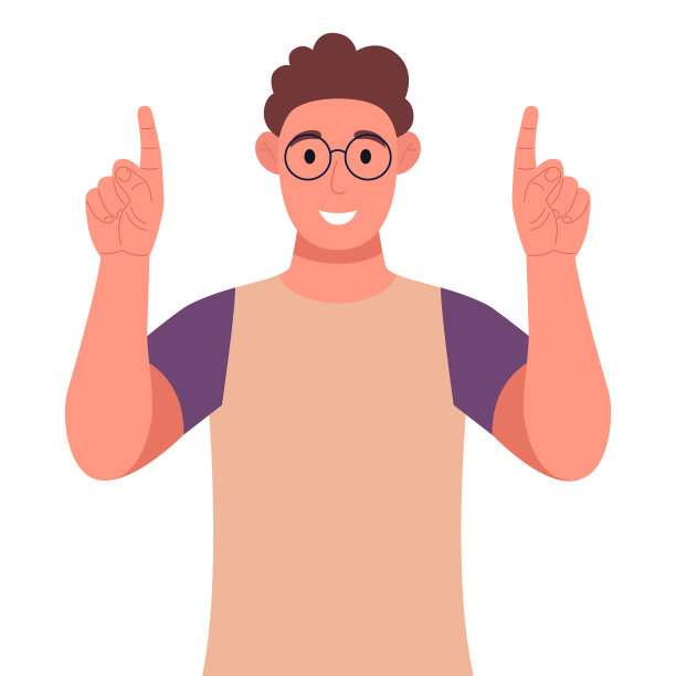 戴眼镜的卷毛青年站在那里微笑着指着上面的手指。指向复制空间。矢量插图。图片下载