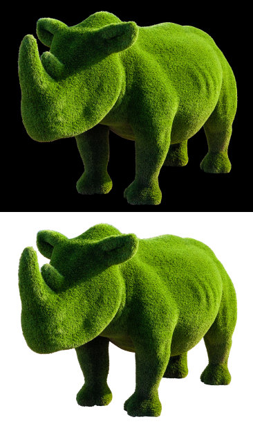 犀牛由人造草隔离在白色和黑色背景。景观。绿色的犀牛。修剪成形的。图片下载