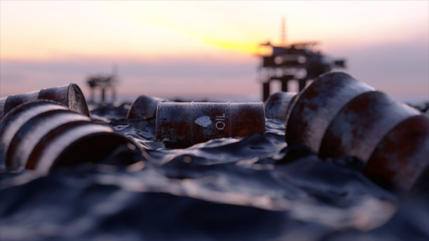 日落时分，空油桶漂浮在油海的海面上。有毒废物。海上石油平台。油的概念。图片下载
