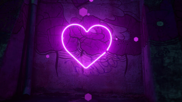 一颗紫罗兰色的霓虹灯心在一面有花卉图案的大墙上闪烁。紫色的菱形粒子四处飞舞。图片下载