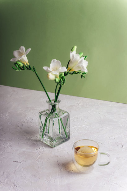 一杯茶和小苍兰白色花瓶在白色纹理的桌子上对着绿色的墙壁。静物画图片下载