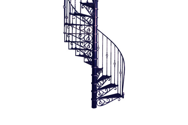 复古铸铁旋转楼梯的背景是旧的墙壁和地板，孤立在白色的背景上图片下载