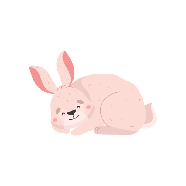可爱的兔子蜷缩在球睡觉，卡通平面矢量插图孤立在白色背景。欢快的兔子画，伟大的儿童和幼儿园设计。图片下载