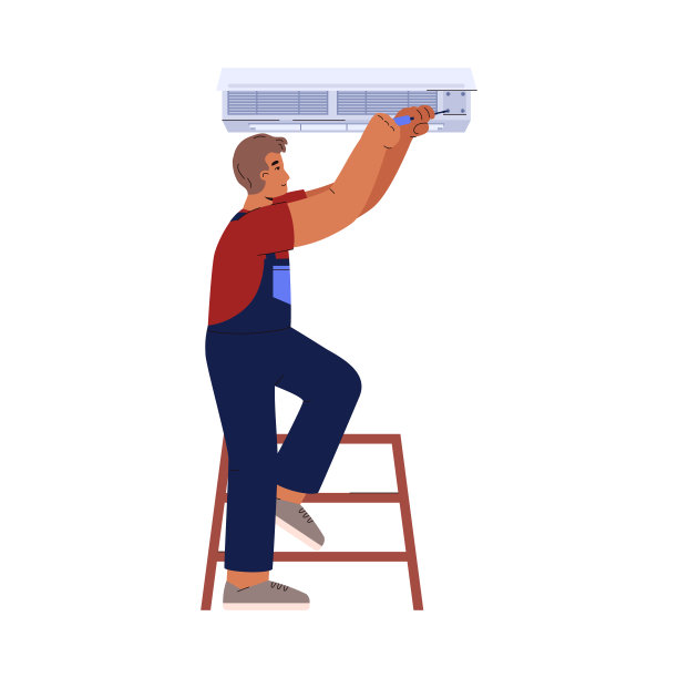 在家中安装空调的军人平面矢量图被隔离。图片下载