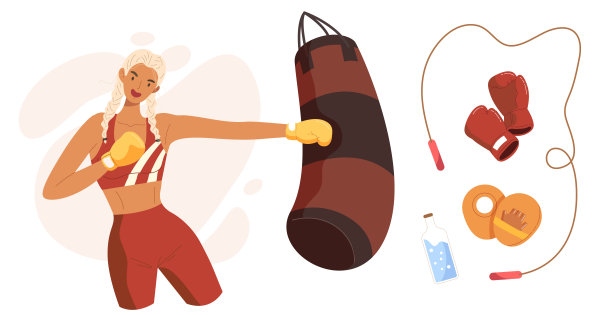 年轻女子沙袋，体育活动。图片下载