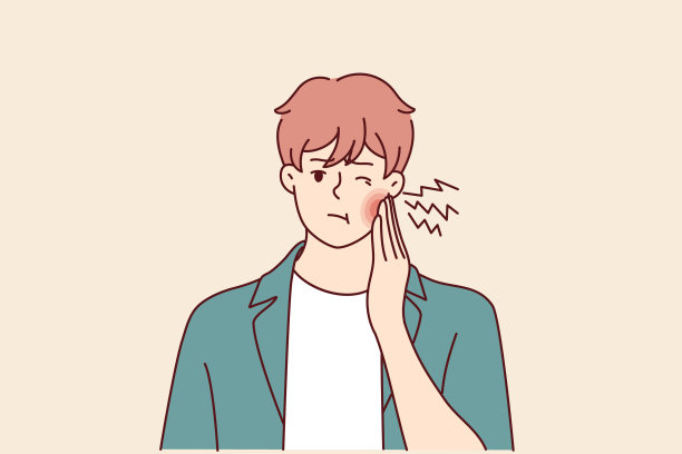 由于牙龈神经发炎，男性牙齿疼痛，用手捂住红肿的脸颊。矢量图图片下载