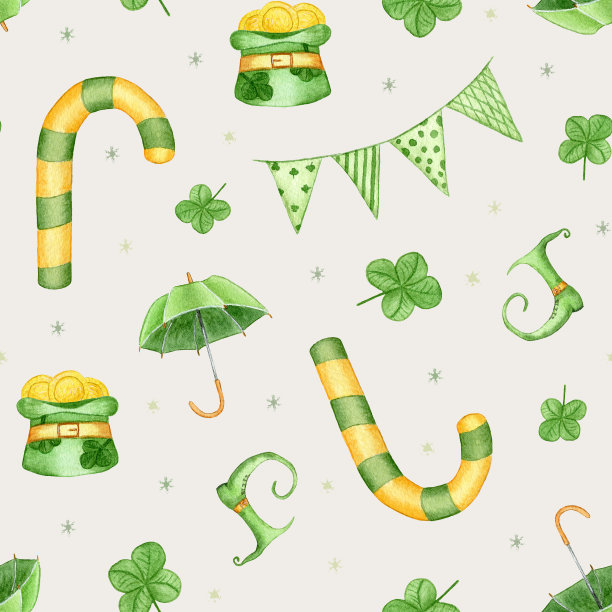 圣帕特里克节水彩图案。无缝模式与插图糖果手杖，帽子与硬币，妖精靴子，伞和旗帜。图片下载
