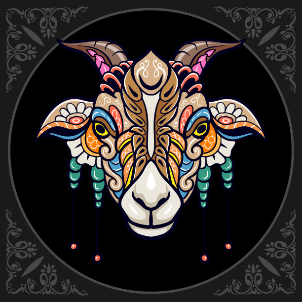 彩色山羊头曼陀罗艺术孤立在黑色背景图片下载