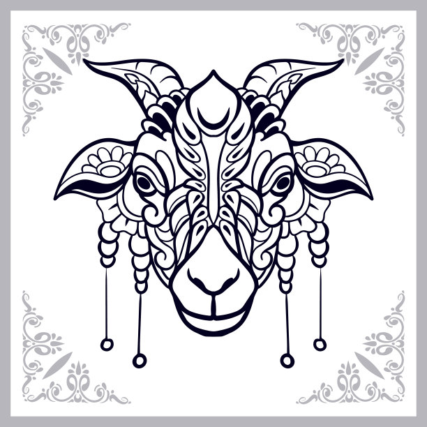 山羊头曼陀罗艺术孤立在白色背景图片下载