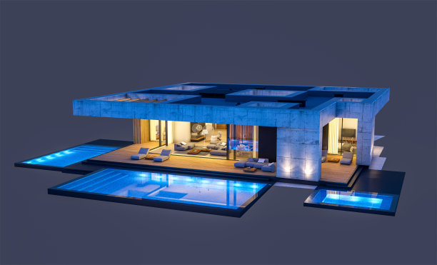 现代风格的新混凝土房子的3d渲染孤立在黑色图片下载