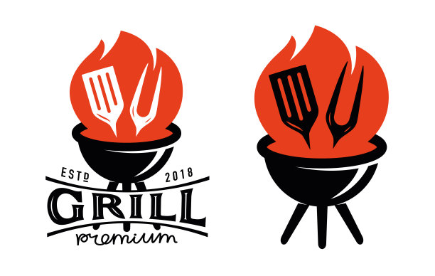 烧烤食品，烧烤标志或标志。带有火和烧烤工具的火盆，象征。餐厅菜单设计图片下载