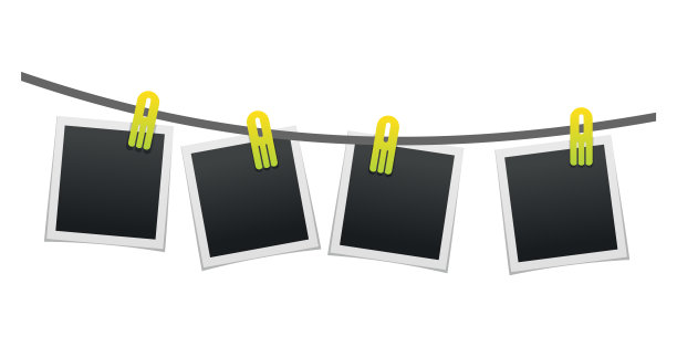 相框挂在绳子上，与衣夹或衣夹相连。空白即时照片卡图标隔离在白色背景上图片下载