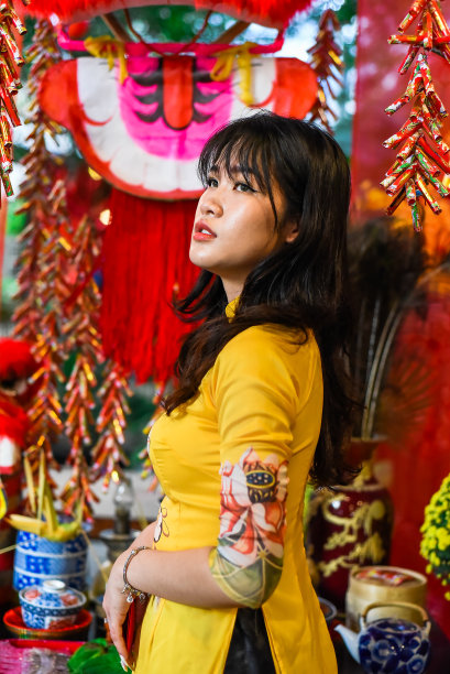 穿着越南传统服装的越南女子，迎接春节图片下载
