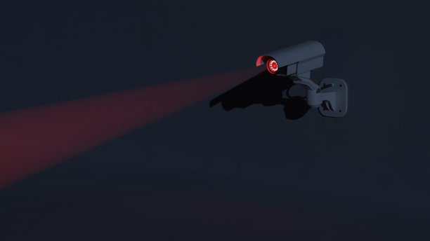 监控摄像头在黑暗中发光。不祥的情绪场景与负面空间。数字3D渲染。图片下载