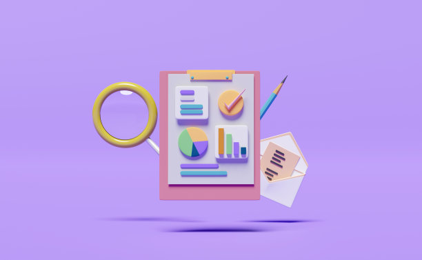 图表，图表与分析业务财务数据，白色剪贴板清单，打开信封，放大，铅笔孤立在紫色背景，业务战略概念，3d插图或3d渲染图片下载