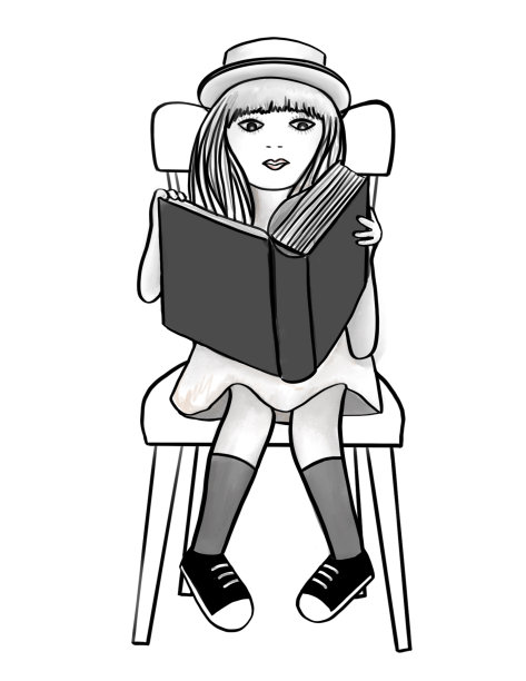 女孩在椅子上看书，手绘插图图片下载
