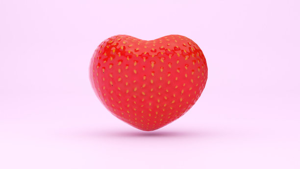 心形的3D插图与草莓纹理在粉红色的背景。图片下载