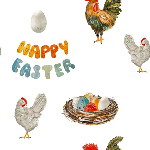 巢公鸡鸡蛋复活节图案水彩图片下载